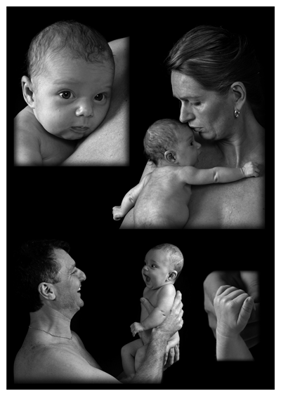 Fotocollage med den nyfødte sammen med far og mor